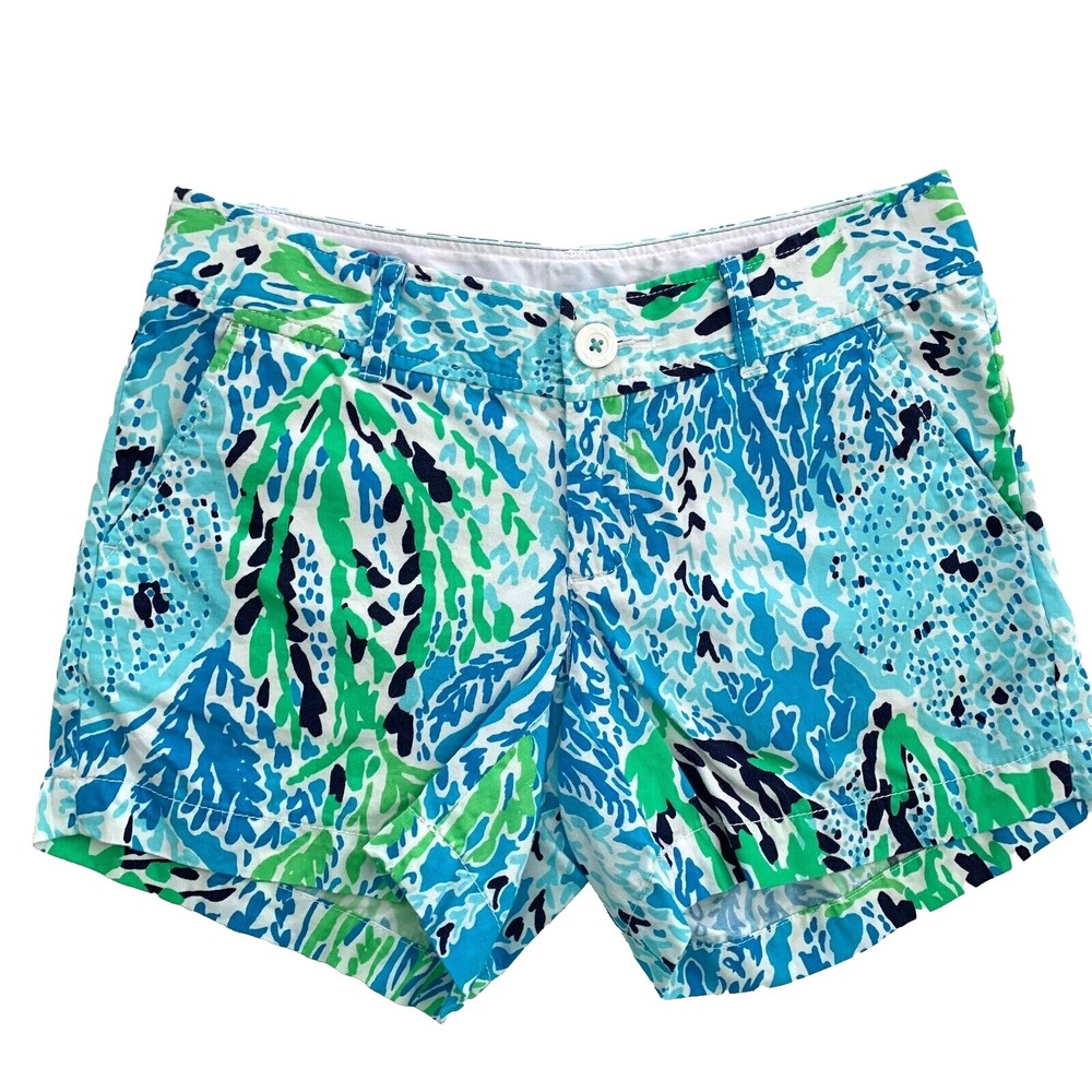 Lilly Pulitzer Callahan‎ 5" Inseam Shorts sz 0 Let's Cha Cha Coral Sealife Fish